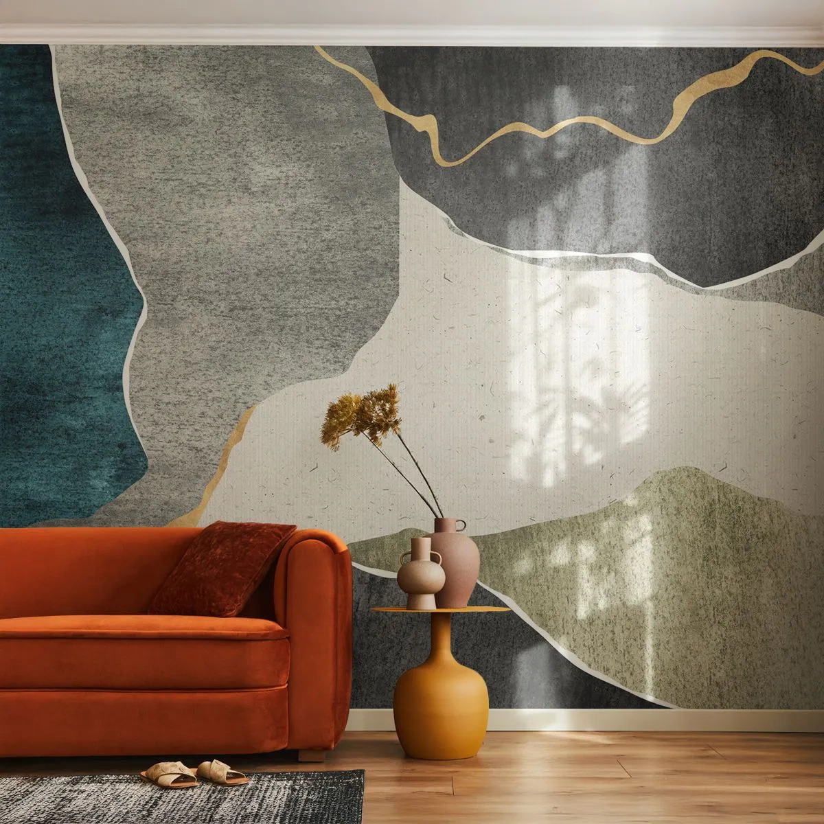 Fotobehang Standard Eco - Abstract mozaïek met textuur en gouden lijnen op een aardse achtergrond. - 100x70cm - Mozaïekcompositie met gouddraad - Moderne wanddecoratie voor woonkamer en slaapkamer ARTTOR