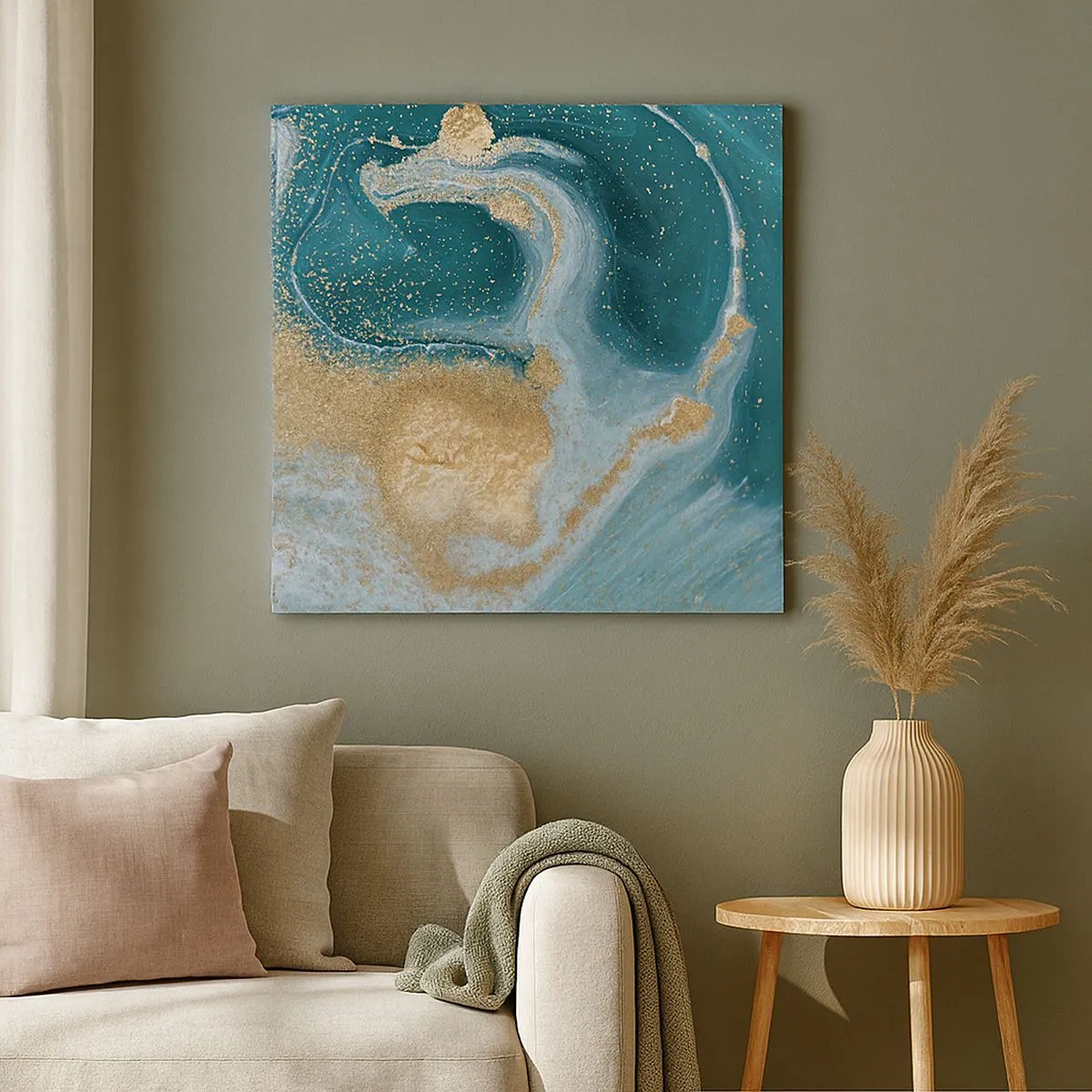 Schilderen op canvas - Een werveling van goud en turkoois - 30x30 cm