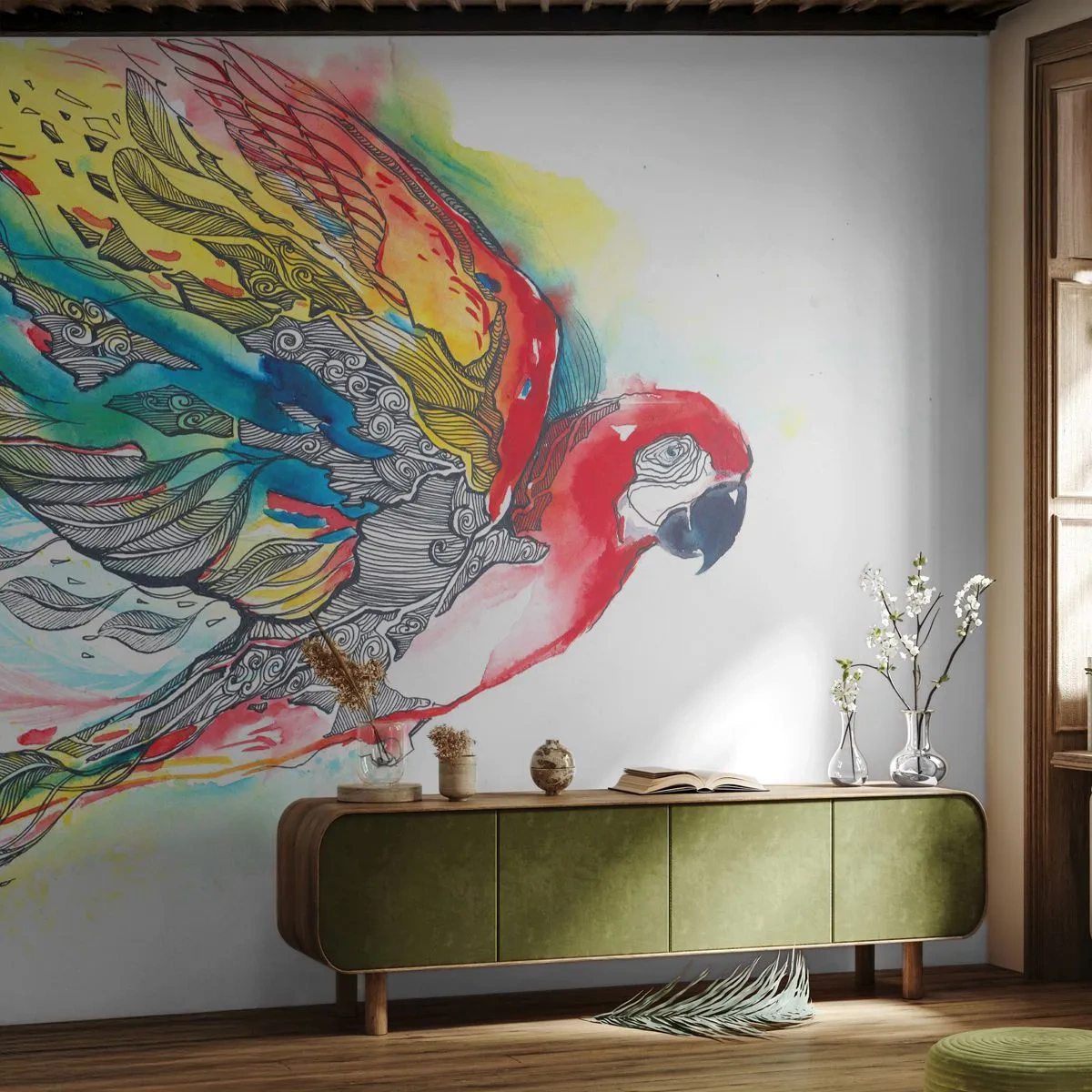 Zelfklevend Fotobehang Deluxe Sticker - Leef kleurrijk - Vogel, Papegaai, Kleurrijke veren - 250x175 cm