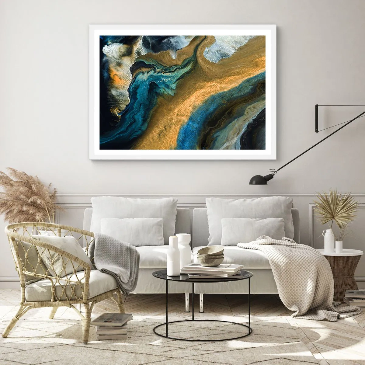 Poster in een witte lijst - Blauw - geel - wederzijdse invloeden - 70x50 cm