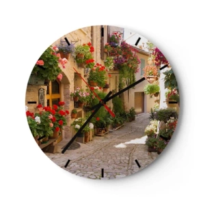 Wandklok - Klok - Een wijzerplaat met een motief van een pittoresk straatje vol kleurrijke bloemen - 30x30cm - In de vloed van bloemen - Moderne wanddecoratie voor woonkamer, keuken en slaapkamer ARTTOR