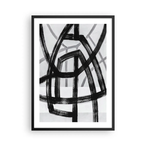 Poster in een zwarte lijst - Geometrische zwarte lijnen op een lichte achtergrond in een abstracte compositie - 50x70cm - Diepte opbouwen - Moderne wanddecoratie voor woonkamer en slaapkamer ARTTOR