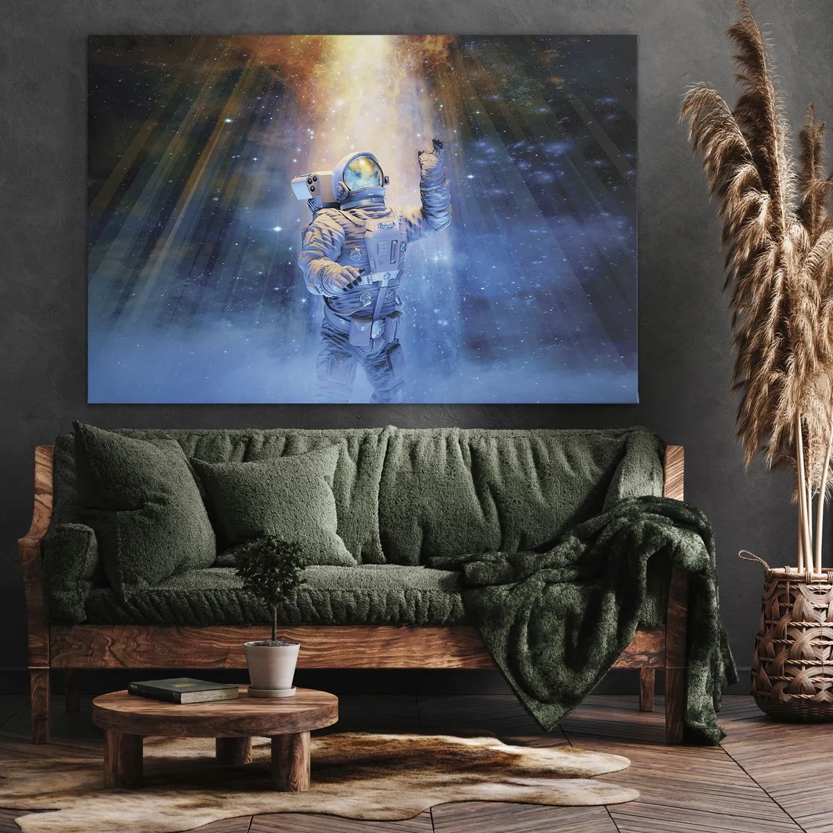 Schilderen op canvas - Astronaut in het licht van een kosmische explosie vol sterren - 70x50cm - Eindelijk aan het einde - Moderne wanddecoratie voor woonkamer en slaapkamer ARTTOR