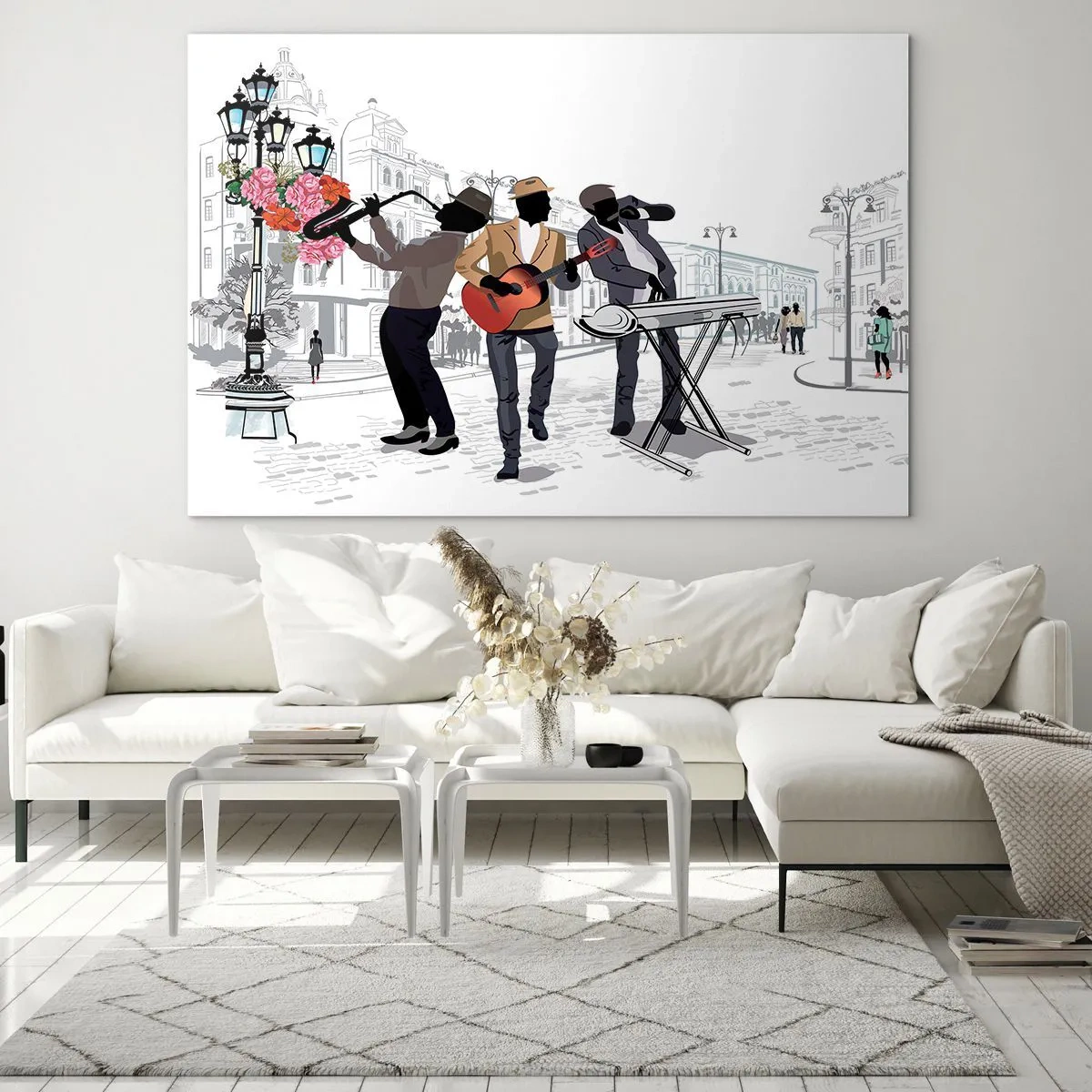 Schilderen op glas - Een jazzband speelt op straat - 70x50cm - Straatmuziek - Moderne wanddecoratie voor woonkamer en slaapkamer ARTTOR