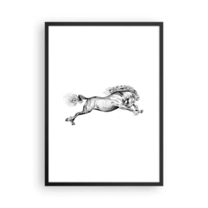 Poster in een zwarte lijst - Illustratie van een galopperend paard in zwart-wit - 50x70cm - Vastgehouden in galop - Moderne wanddecoratie voor woonkamer en slaapkamer ARTTOR