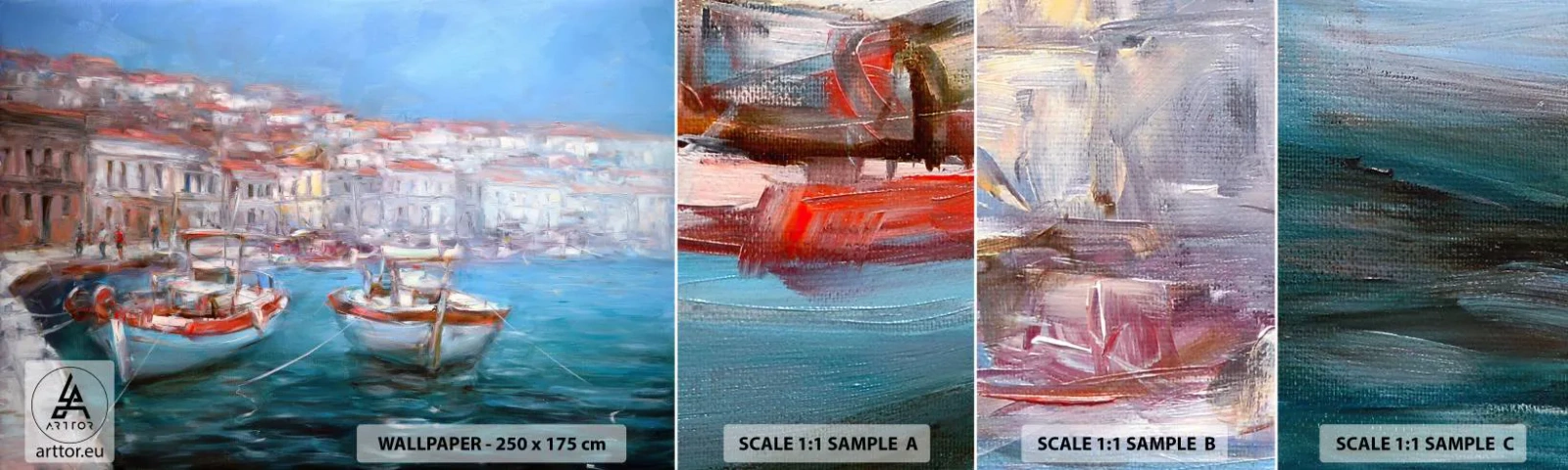 Fotobehang Monster Zelfklevend Deluxe Sticker - Italiaanse baai - Havenstad, Architectuur, Griekenland - 100x30 cm