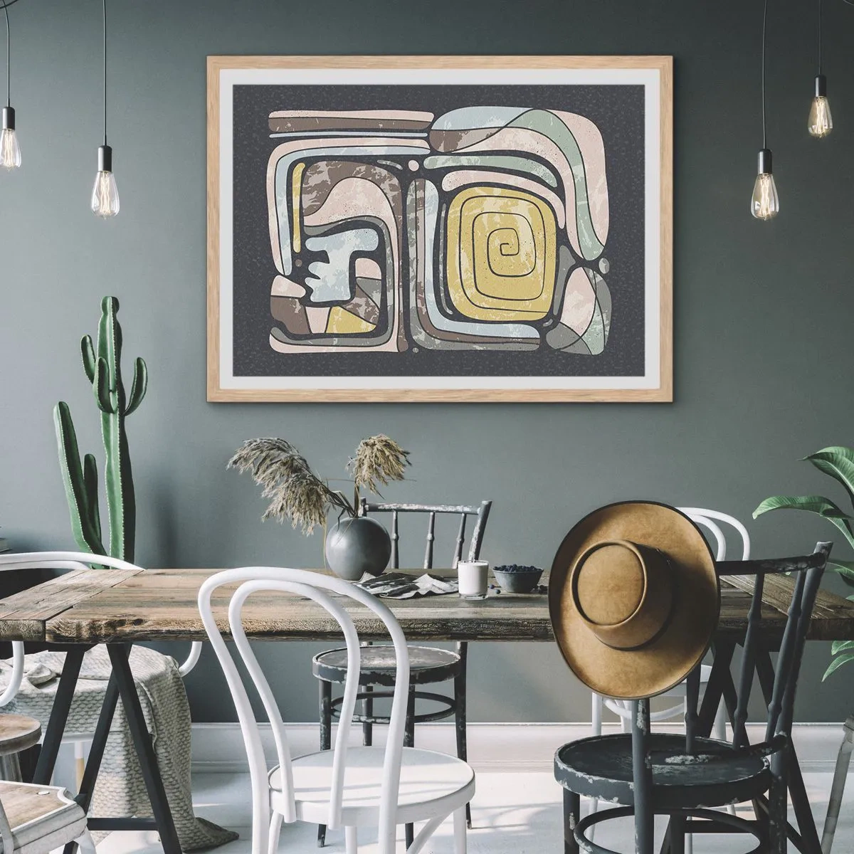 Een poster in een licht eiken lijst - Abstractie in de precolumbiaanse geest - 100x70 cm