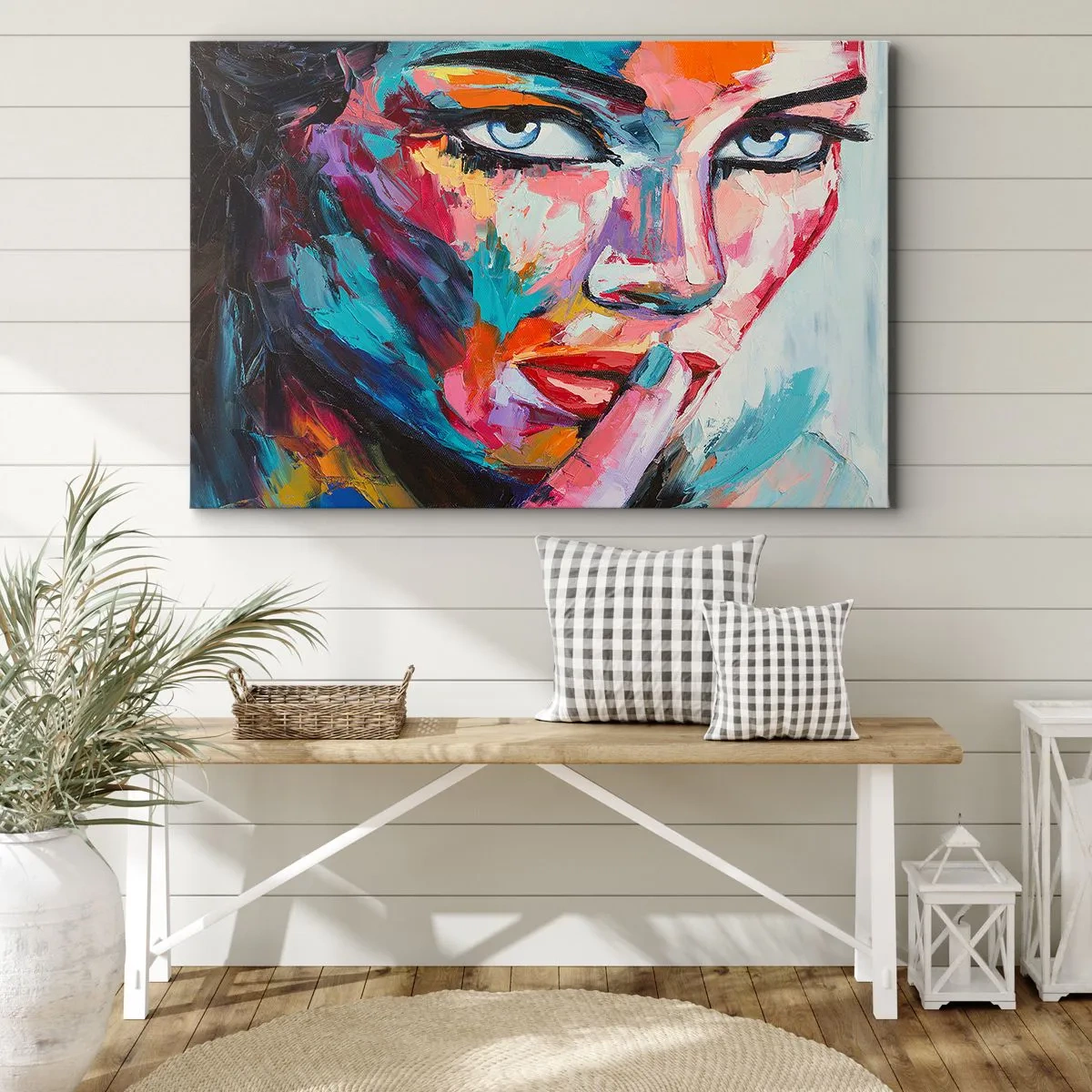 Schilderen op canvas - Kleurrijk portret van een vrouw in abstracte stijl - 70x50cm - Ons eerste geheim - Moderne wanddecoratie voor woonkamer en slaapkamer ARTTOR