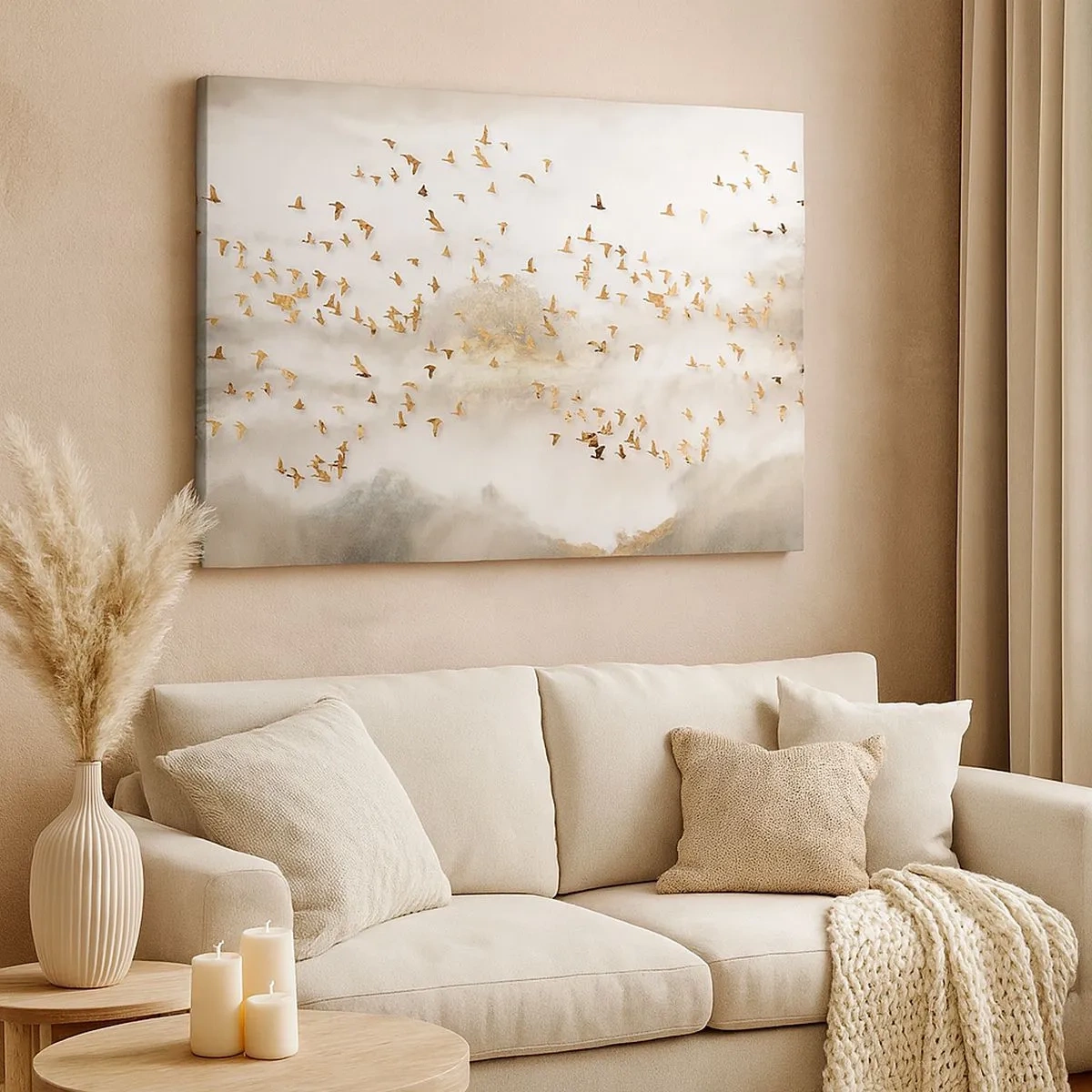 Schilderen op canvas - Gouden vogels tegen de mistige bergen - 70x50cm - Het is tijd… - Moderne wanddecoratie voor woonkamer en slaapkamer ARTTOR