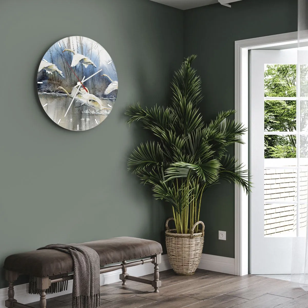 Wandklok - Klok - Zwanen vliegen op vanaf het wateroppervlak met het bos op de achtergrond - 30x30cm - Zoals in het sprookje over wilde zwanen - Moderne wanddecoratie voor woonkamer, keuken en slaapkamer ARTTOR