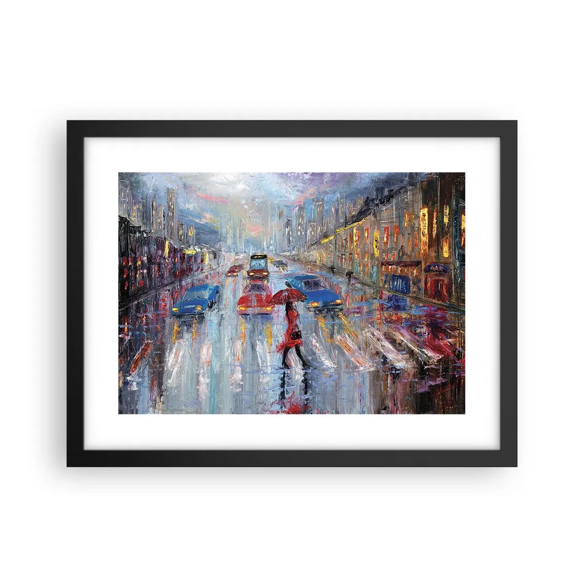Poster in een zwarte lijst - Regenachtige middag in de stad - 40x30 cm