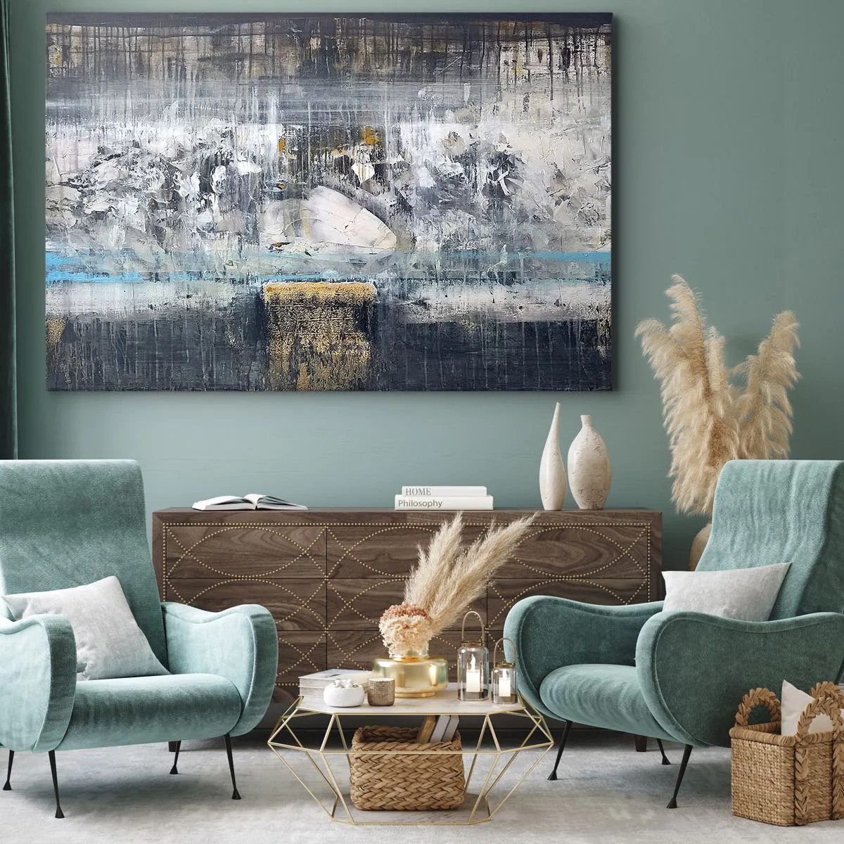 Schilderen op canvas - Abstracte compositie in koele tinten - 70x50cm - Als op ijs, als zo moeizaam - Moderne wanddecoratie voor woonkamer en slaapkamer ARTTOR