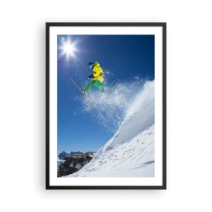 Poster in een zwarte lijst - Skiër in actie op een besneeuwde helling - 50x70cm - Dansend met de bergen - Moderne wanddecoratie voor woonkamer en slaapkamer ARTTOR