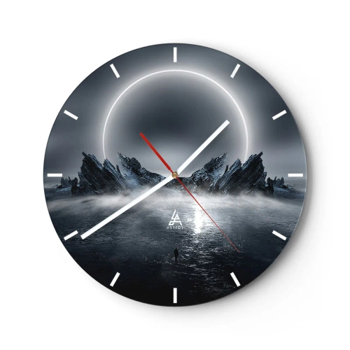 Wandklok - Klok - Futuristisch landschap met eclips en scherpe rotsen - 30x30cm - Einde van het verhaal - Moderne wanddecoratie voor woonkamer, keuken en slaapkamer ARTTOR