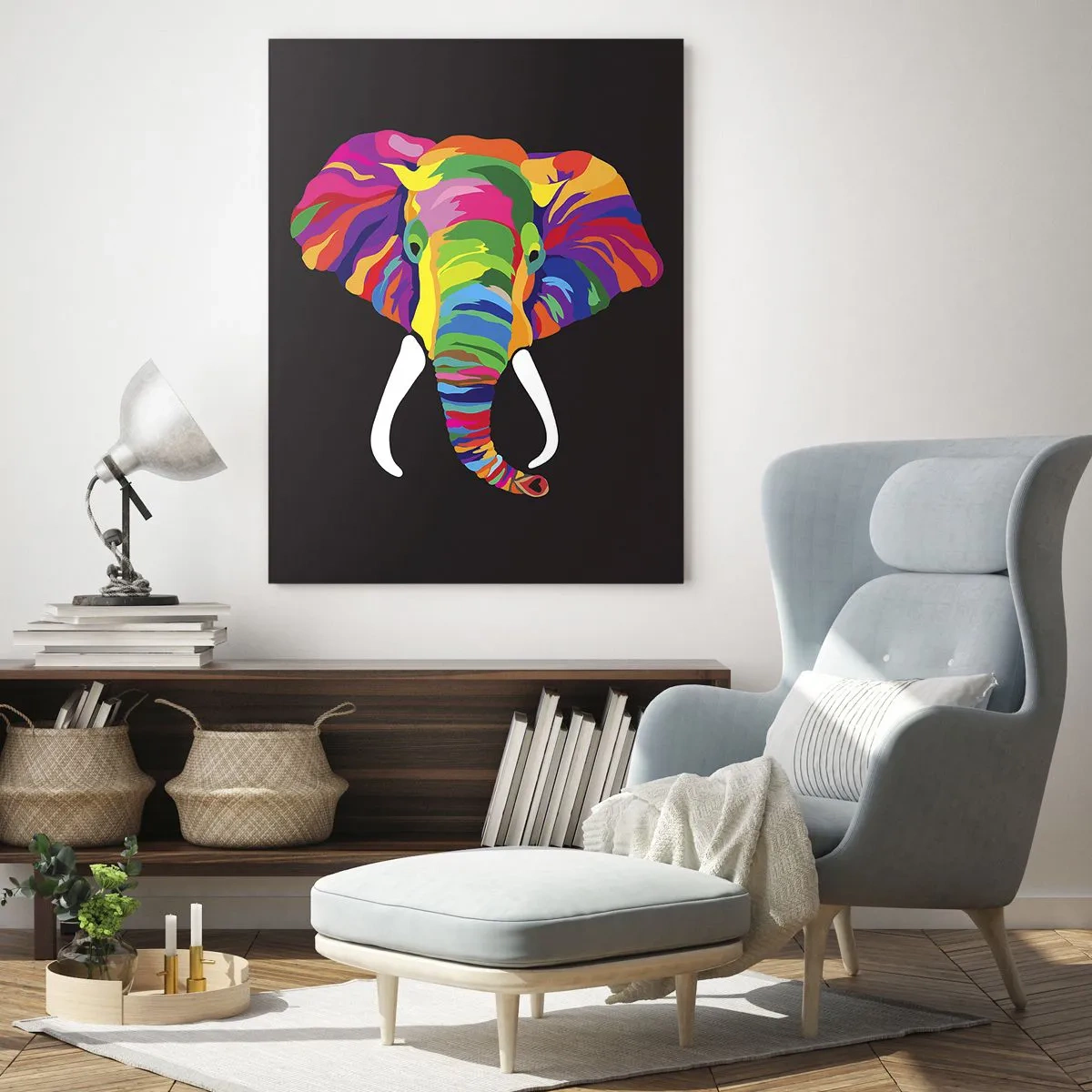 Schilderen op glas - De olifant die ervan hield om in de regenboog te baden - 70x100 cm