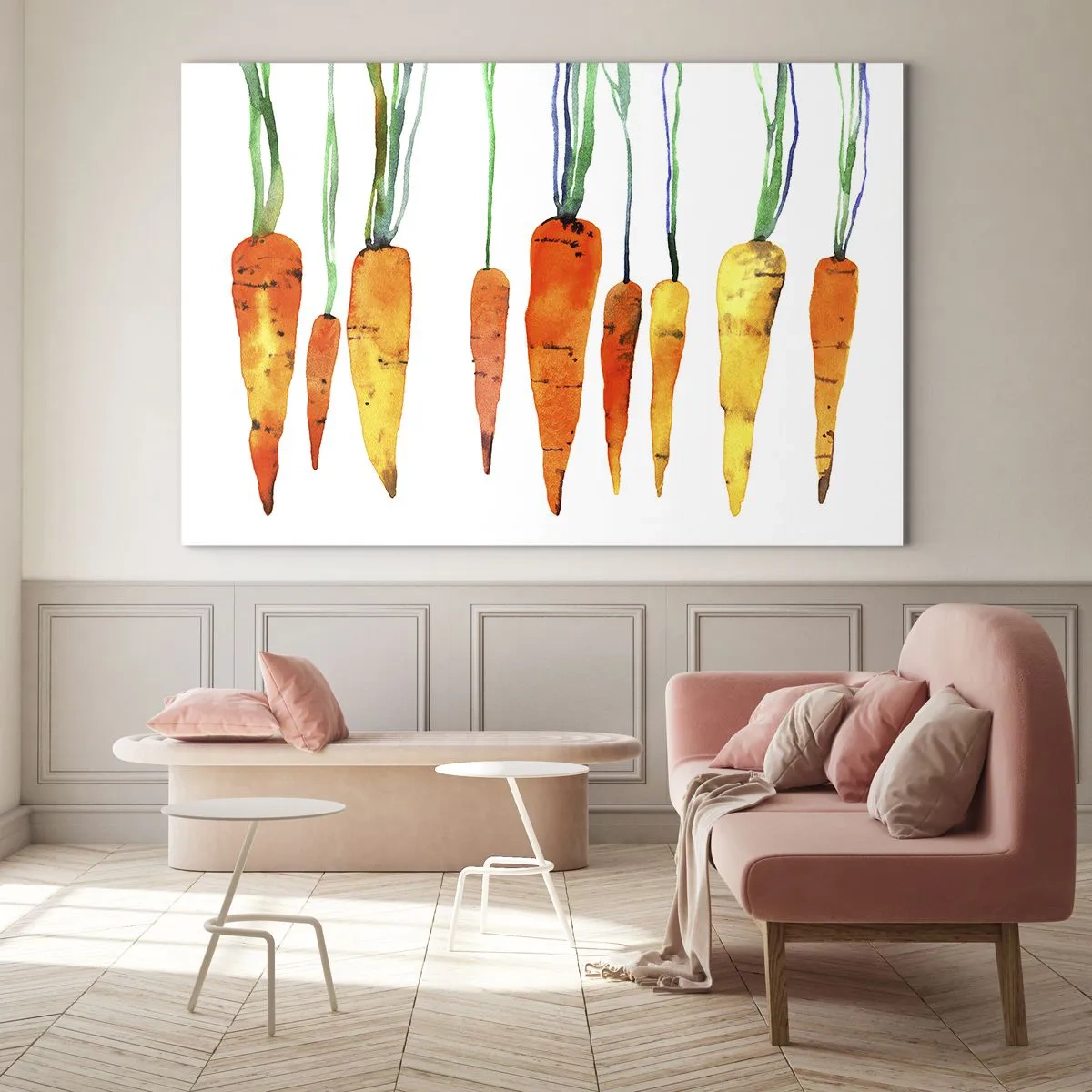 Schilderen op glas - Aquarelwortels in verschillende tinten oranje met groene stengels - 70x50cm - De schoonheid van het gewone - Moderne wanddecoratie voor woonkamer en slaapkamer ARTTOR