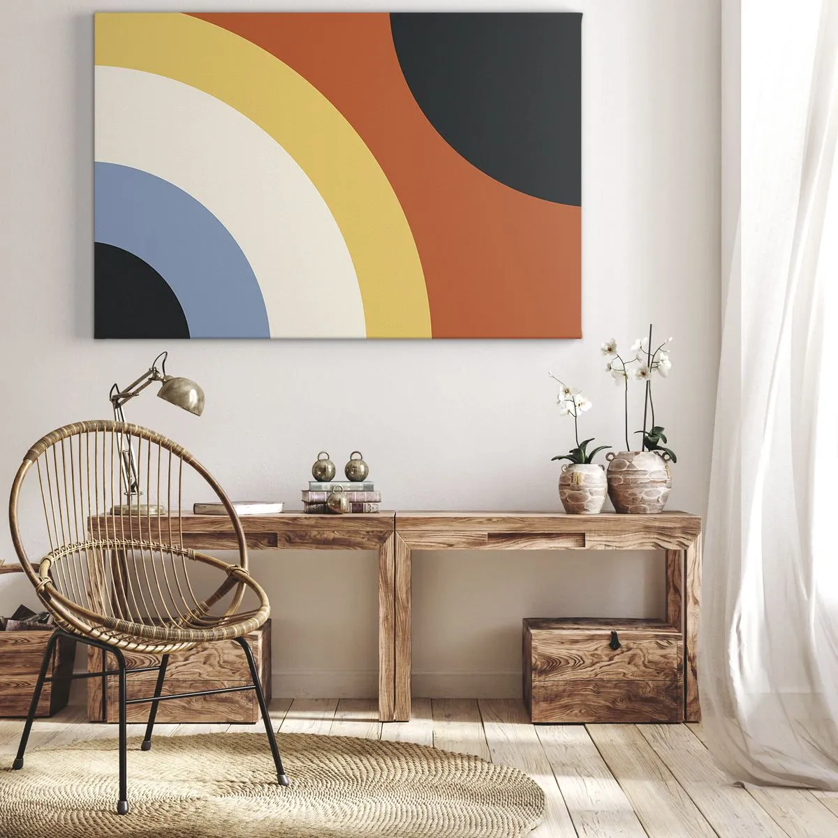 Schilderen op canvas - Abstract kunstwerk met kleurrijke bogen en contrasterende cirkels - 70x50cm - Naar mezelf toe - Moderne wanddecoratie voor woonkamer en slaapkamer ARTTOR