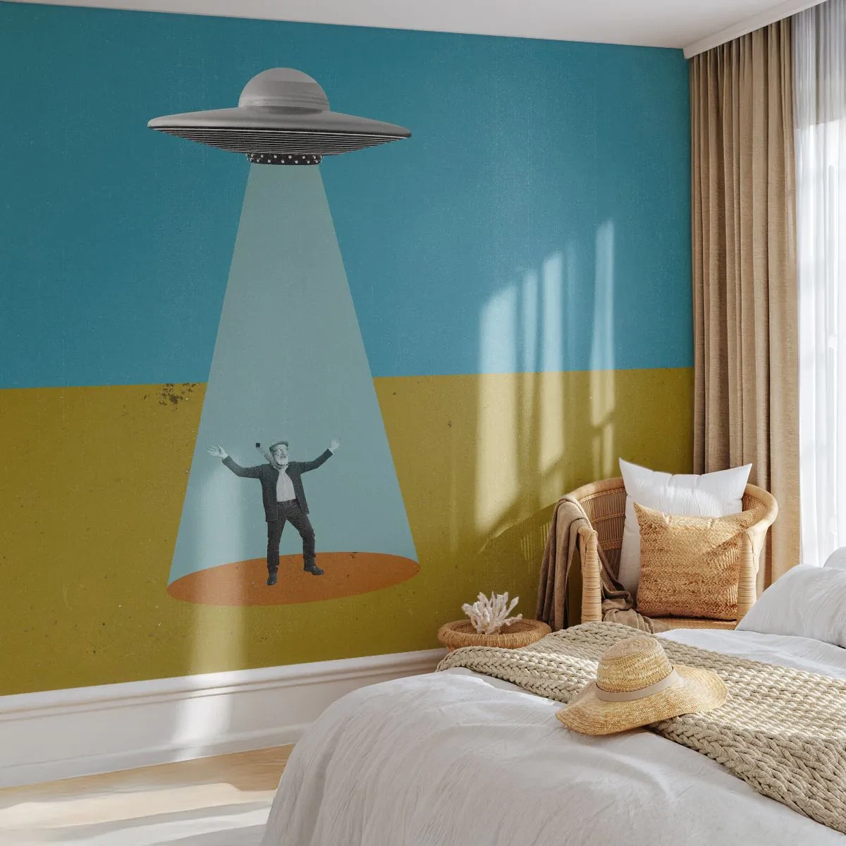 Fotobehang Premium Canvas - Een nauwe ontmoeting - Ufo, Moderne kunst, Surrealisme - 150x105 cm