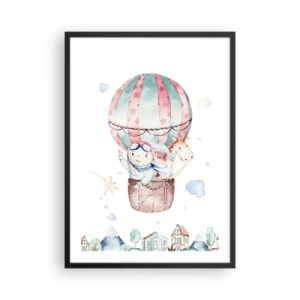 Poster in een zwarte lijst - Een schattige illustratie van een teddybeer die in een ballon over een stad vliegt - 50x70cm - We zijn zo terug! - Moderne wanddecoratie voor woonkamer en slaapkamer ARTTOR
