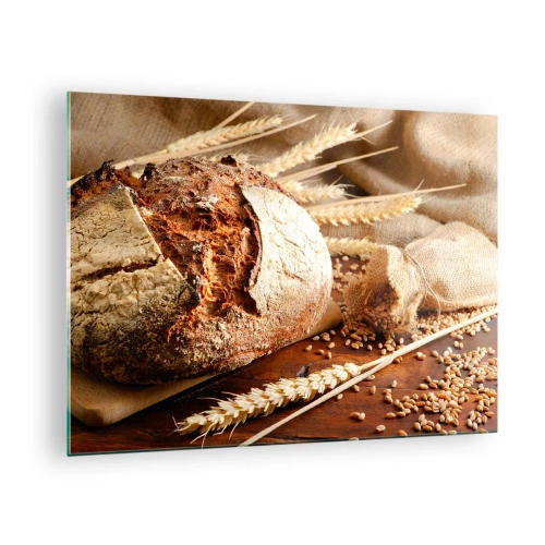 Schilderen op glas - Brood op een plank met tarweoren en graanzakken - 70x50cm - Smakelijk, geurig, knapperig - Moderne wanddecoratie voor woonkamer en slaapkamer ARTTOR