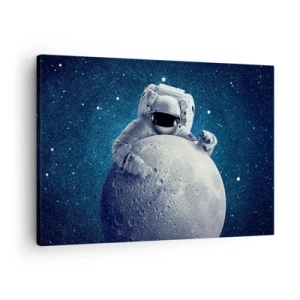 Schilderen op canvas - Astronaut houdt de maan tegen een sterrenhemel - 70x50cm - Ruimte grappenmaker - Moderne wanddecoratie voor woonkamer en slaapkamer ARTTOR