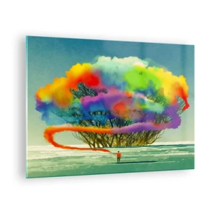 Schilderen op glas - Een kleurrijke rookexplosie tegen de achtergrond van een eenzame boom. - 70x50cm - Breng deze wereld tot leven - Moderne wanddecoratie voor woonkamer en slaapkamer ARTTOR