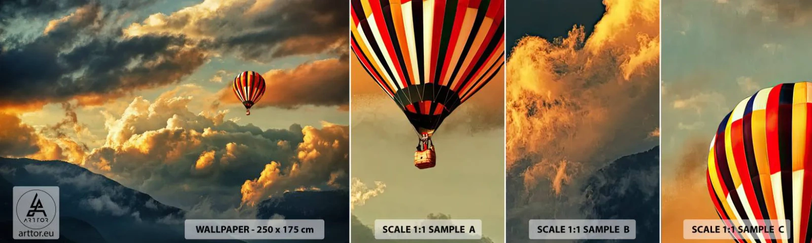 Fotobehang Staaltje Standard Eco - Ik vlieg omdat ik dat wil - Abstractie, Ballonvlucht, Bergen - 100x30 cm