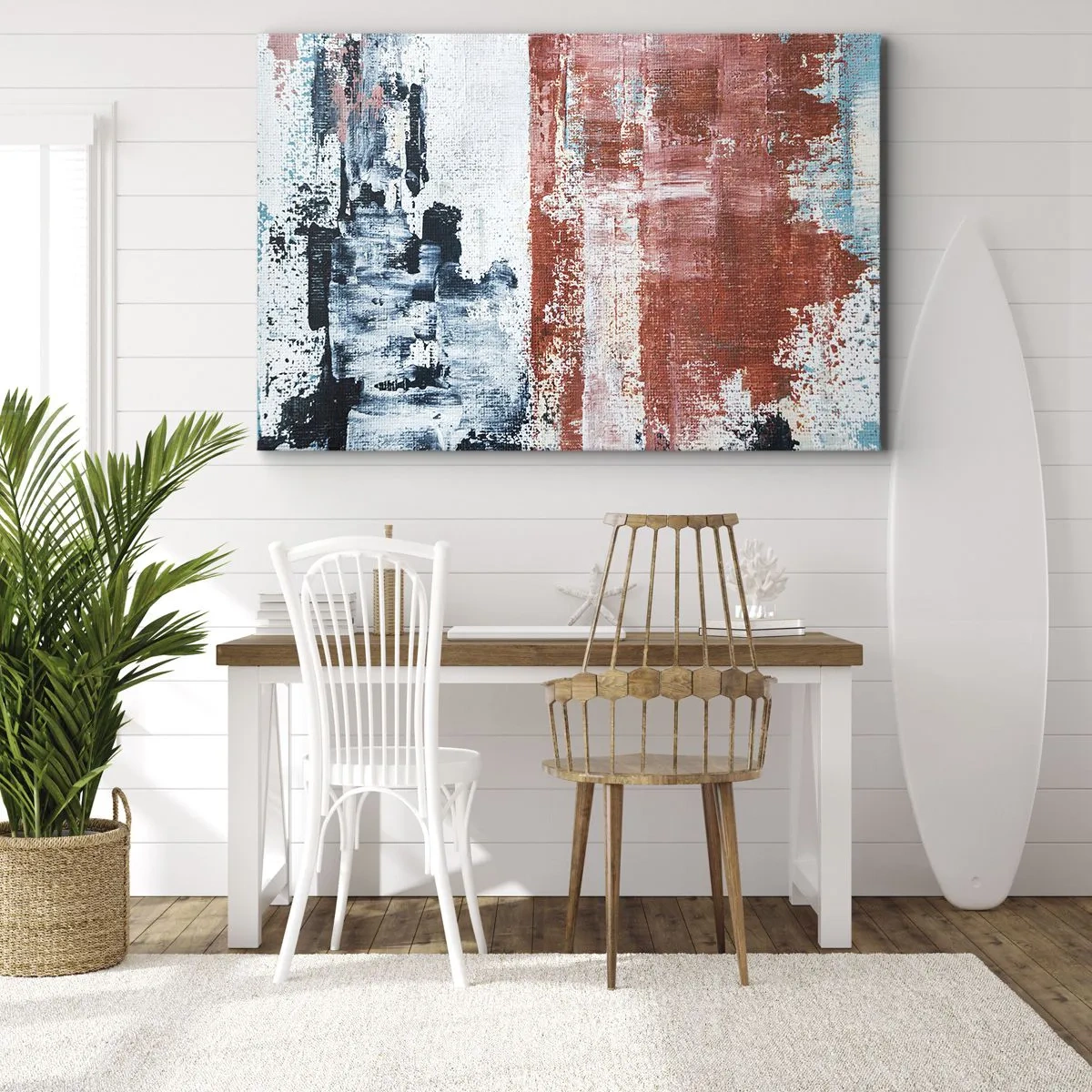 Schilderen op canvas - Abstractie in de kleuren wit, blauw en baksteen - 70x50cm - Fifty Fifty abstract - Moderne wanddecoratie voor woonkamer en slaapkamer ARTTOR