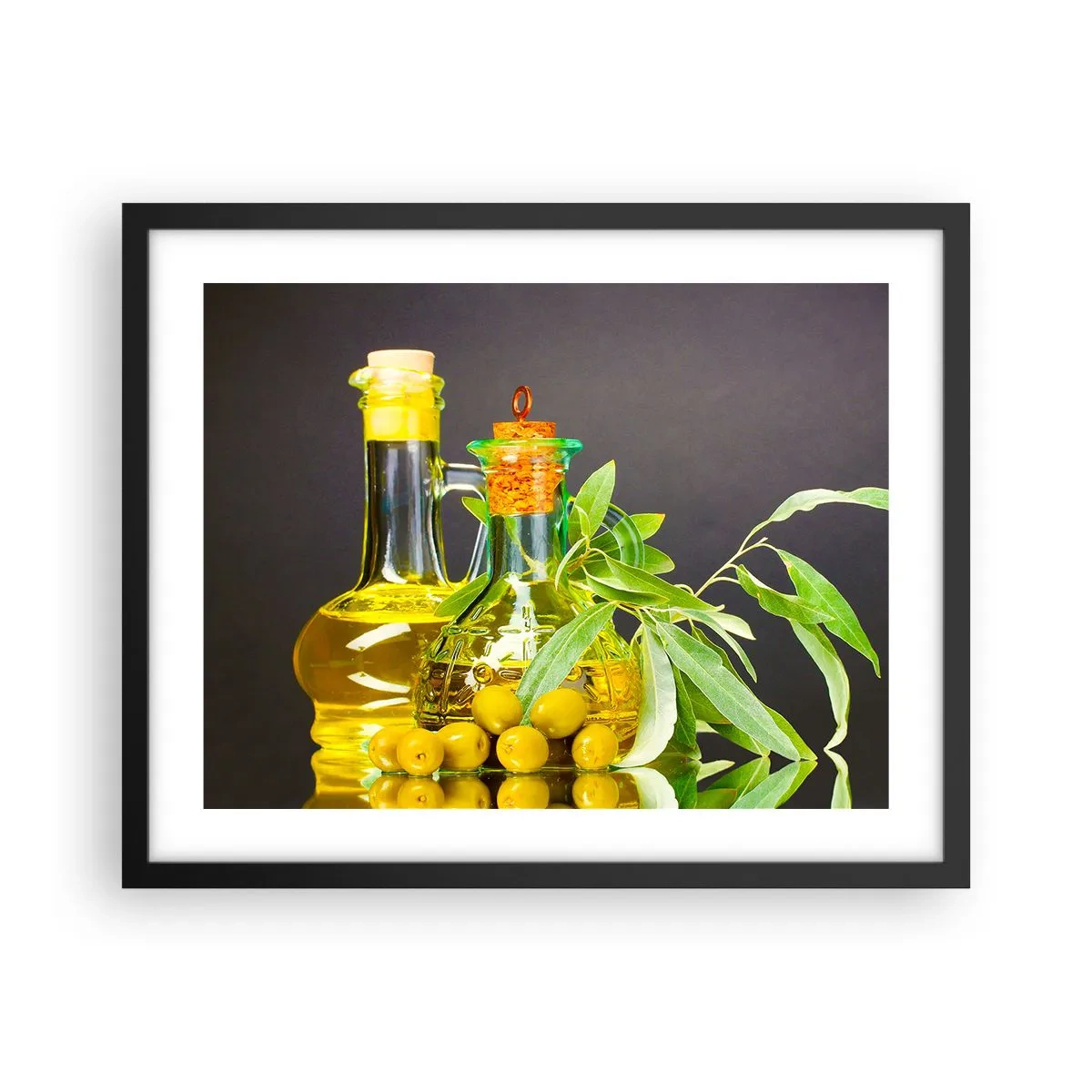 Poster in een zwarte lijst - Stilleven met olijven en olijfolie - 50x40 cm