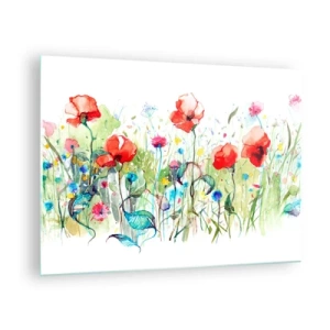 Schilderen op glas - Kleurrijke klaprozen en wilde bloemen in aquarelstijl - 70x50cm - Bloeiende meiweide - Moderne wanddecoratie voor woonkamer en slaapkamer ARTTOR