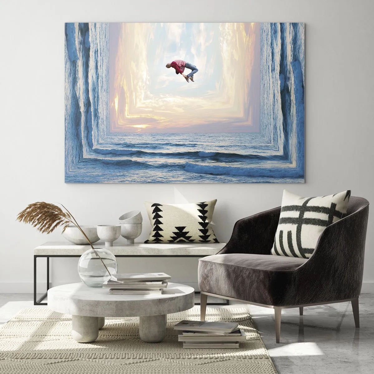 Schilderen op glas - Een man springt over de zee in een surrealistisch kader - 70x50cm - Naar een andere dimensie - Moderne wanddecoratie voor woonkamer en slaapkamer ARTTOR