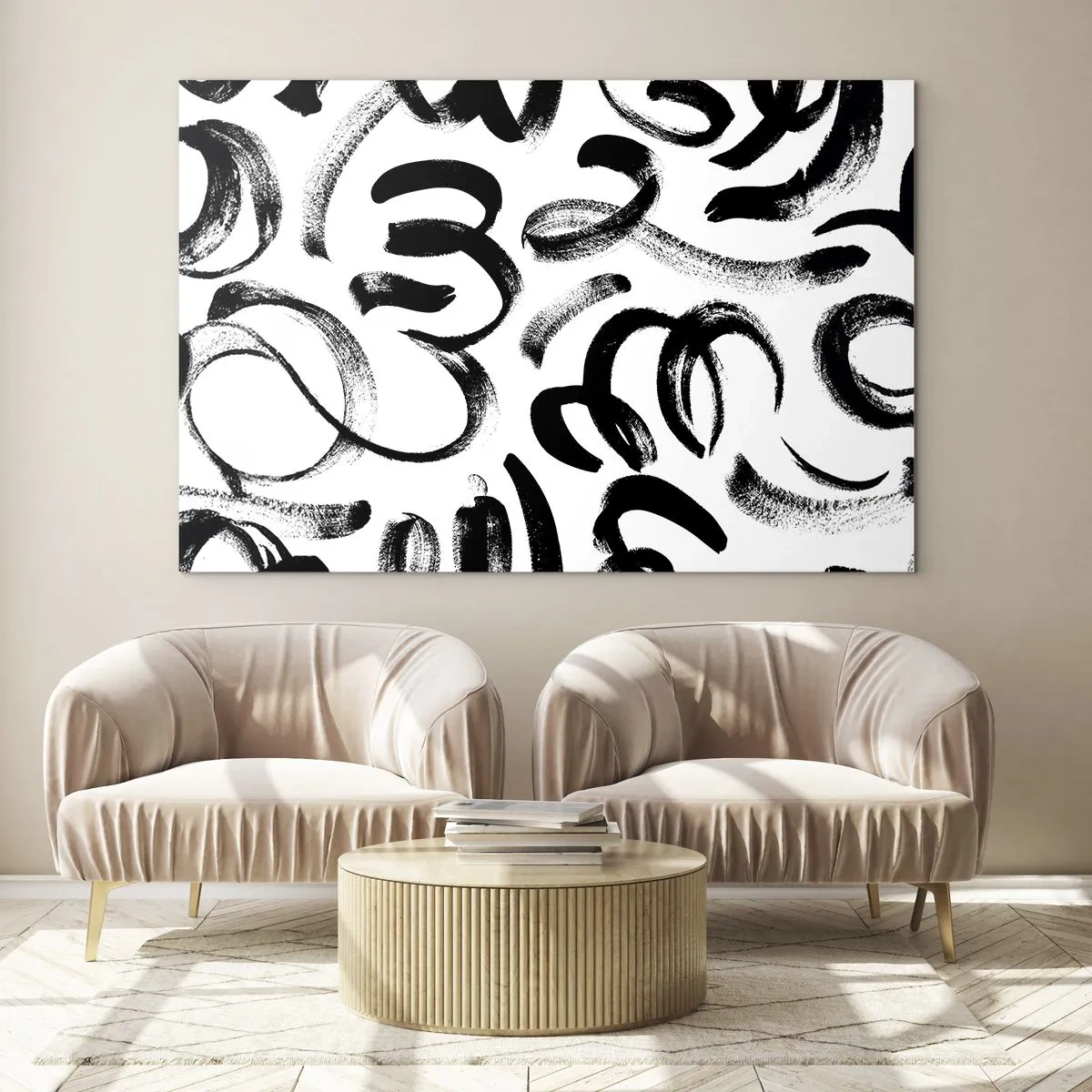 Schilderen op glas - Zwart-witte abstracte penseelstreken - 70x50cm - Zwart op wit - Moderne wanddecoratie voor woonkamer en slaapkamer ARTTOR