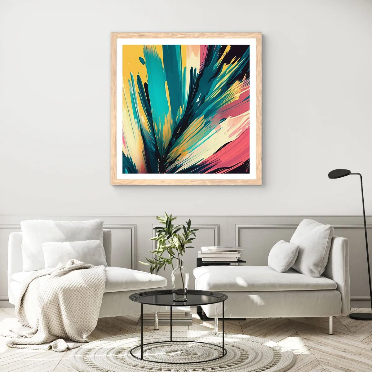Een poster in een licht eiken lijst - Compositie – een explosie van vreugde - 50x50 cm