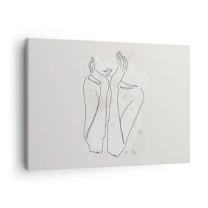Schilderen op canvas - Contourlijn van de handen van een vrouw op een lichte achtergrond - 70x50cm - Een dromerig moment - Moderne wanddecoratie voor woonkamer en slaapkamer ARTTOR