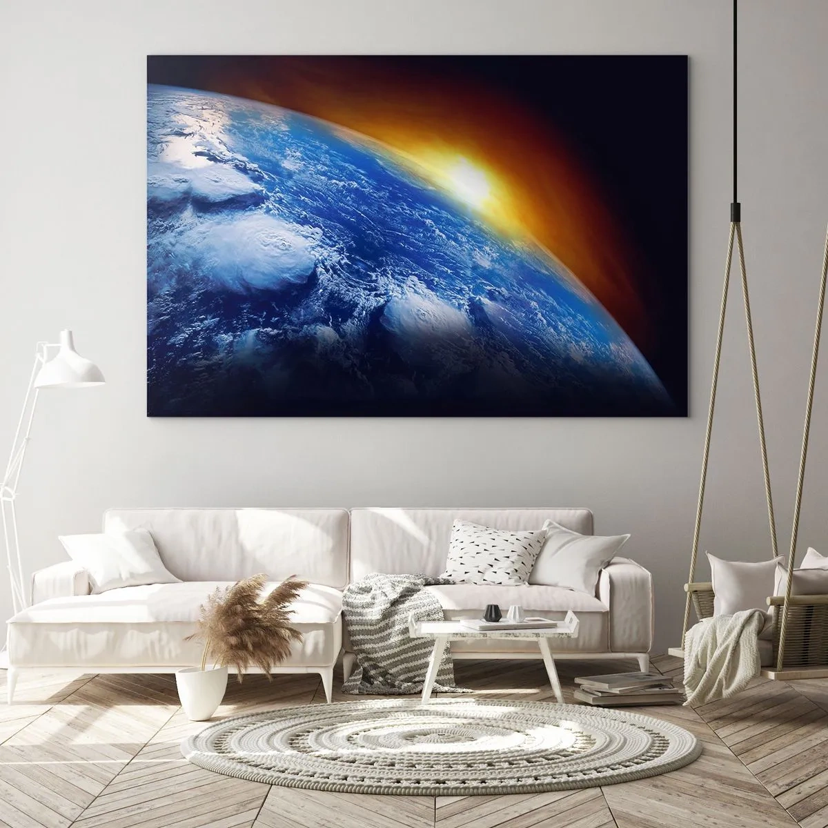 Schilderen op glas - Zonsopgang boven de blauwe planeet - 120x80 cm