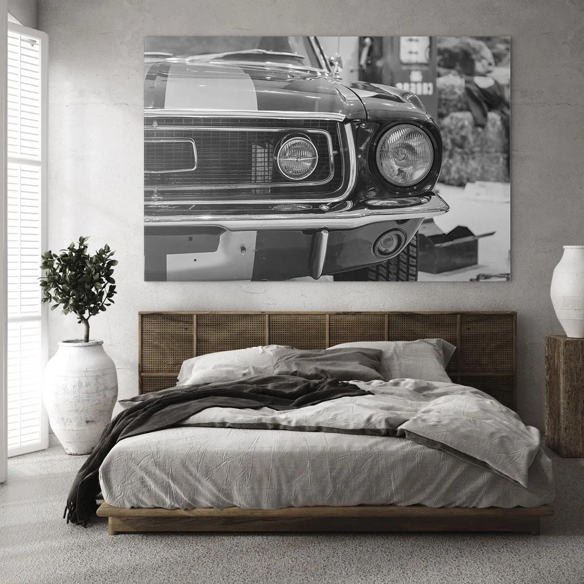 Schilderen op glas - Close-up van de voorkant van een klassieke racewagen - 70x50cm - Hard rijden - Moderne wanddecoratie voor woonkamer en slaapkamer ARTTOR