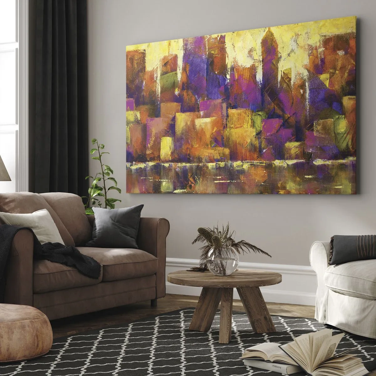 Schilderen op canvas - Abstracte compositie van een metropool in tinten geel en paars - 70x50cm - Metropolitan compositie - Moderne wanddecoratie voor woonkamer en slaapkamer ARTTOR