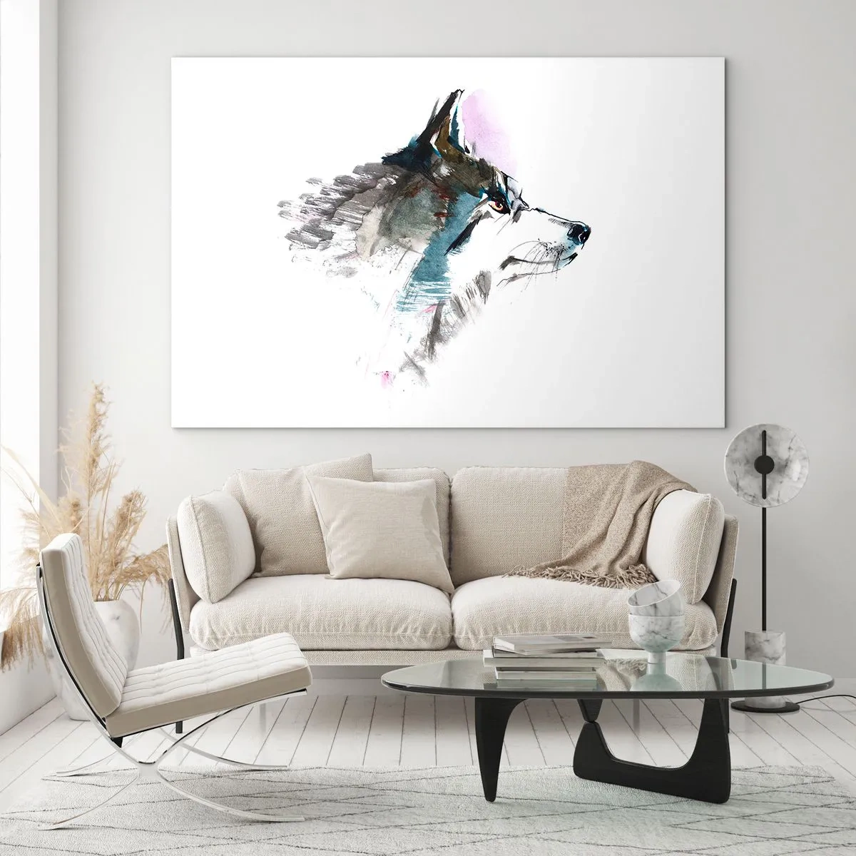 Schilderen op glas - Wolf in artistieke aquarelstijl op witte achtergrond - 70x50cm - Als we het over de duivel hebben - Moderne wanddecoratie voor woonkamer en slaapkamer ARTTOR