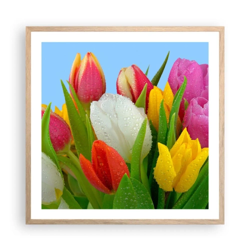 Een poster in een licht eiken lijst - Een bloemenregenboog in dauwdruppels - 60x60 cm