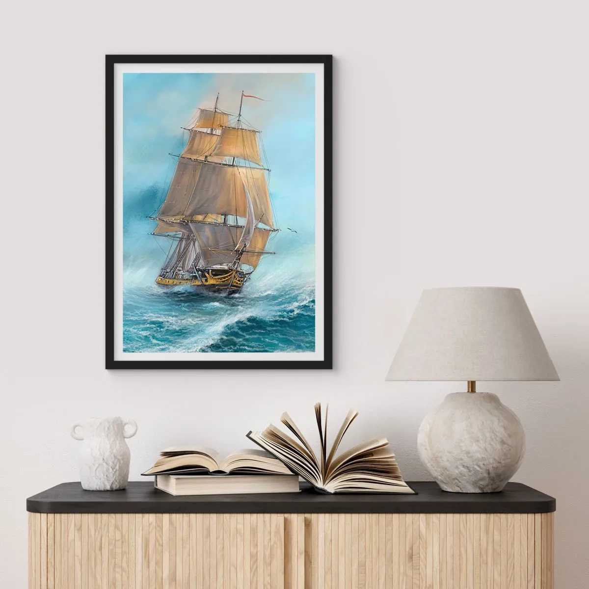 Poster in een zwarte lijst - Haasten over de golven - 40x50 cm
