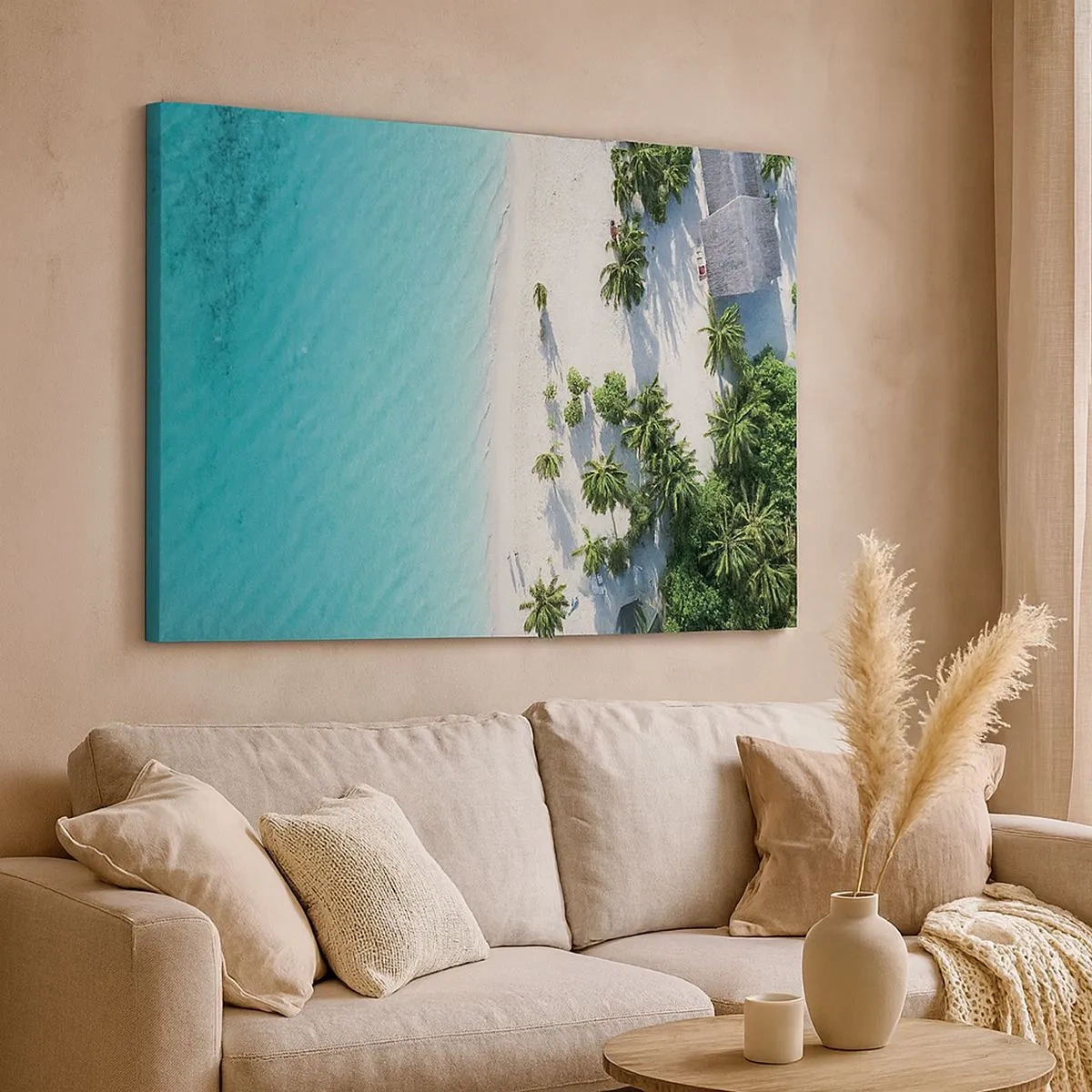 Schilderen op canvas - Een vogelperspectief van een tropisch strand met turquoise water en palmbomen - 70x50cm - Een vakantie in het paradijs - Moderne wanddecoratie voor woonkamer en slaapkamer ARTTOR
