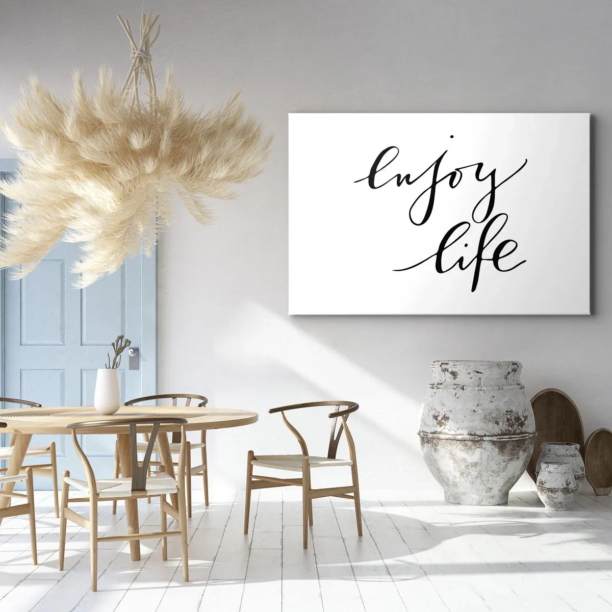 Schilderen op canvas - Het citaat 'geniet van het leven' in zwarte kalligrafie op een witte achtergrond - 70x50cm - Niets aan toe te voegen… - Moderne wanddecoratie voor woonkamer en slaapkamer ARTTOR