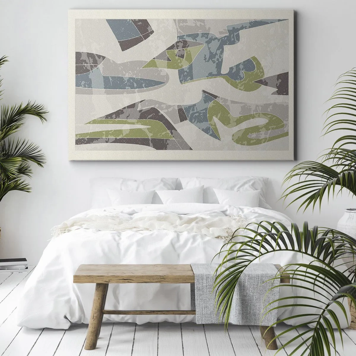 Schilderen op canvas - Abstracte vormen in groen en blauw op een lichte achtergrond - 70x50cm - Compositie achter het glas - Moderne wanddecoratie voor woonkamer en slaapkamer ARTTOR