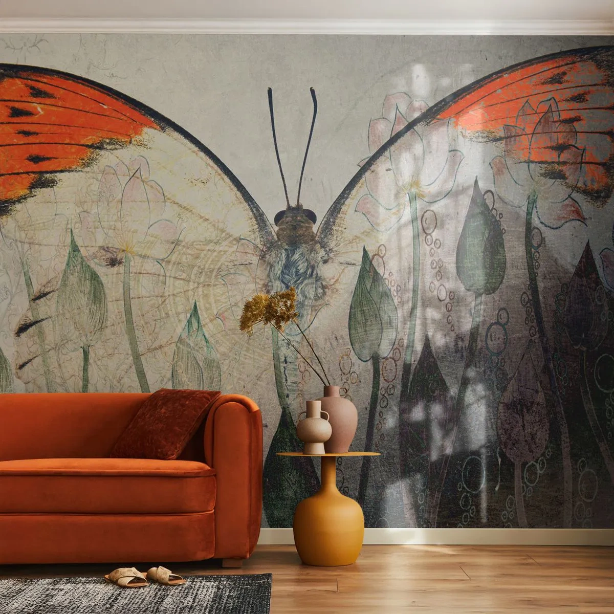 Zelfklevend Fotobehang Deluxe Sticker - "Waar zwaait de vlinder op het gras" - Abstractie, Vlinder, Natuur - 250x175 cm