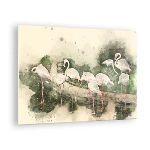 Schilderen op glas - Flamingo's tegen de achtergrond van een aquarelcompositie - 70x50cm - Exotische droom - Moderne wanddecoratie voor woonkamer en slaapkamer ARTTOR
