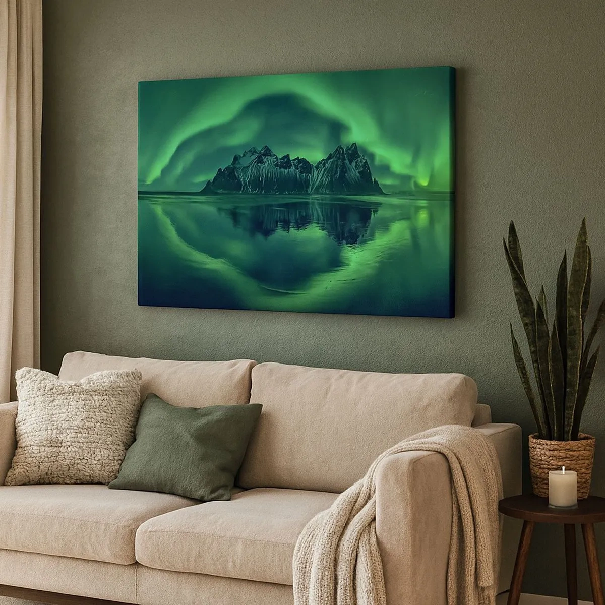 Schilderen op canvas - Bergen omringd door poollicht weerspiegeld in het water - 70x50cm - In de armen van de aurora - Moderne wanddecoratie voor woonkamer en slaapkamer ARTTOR