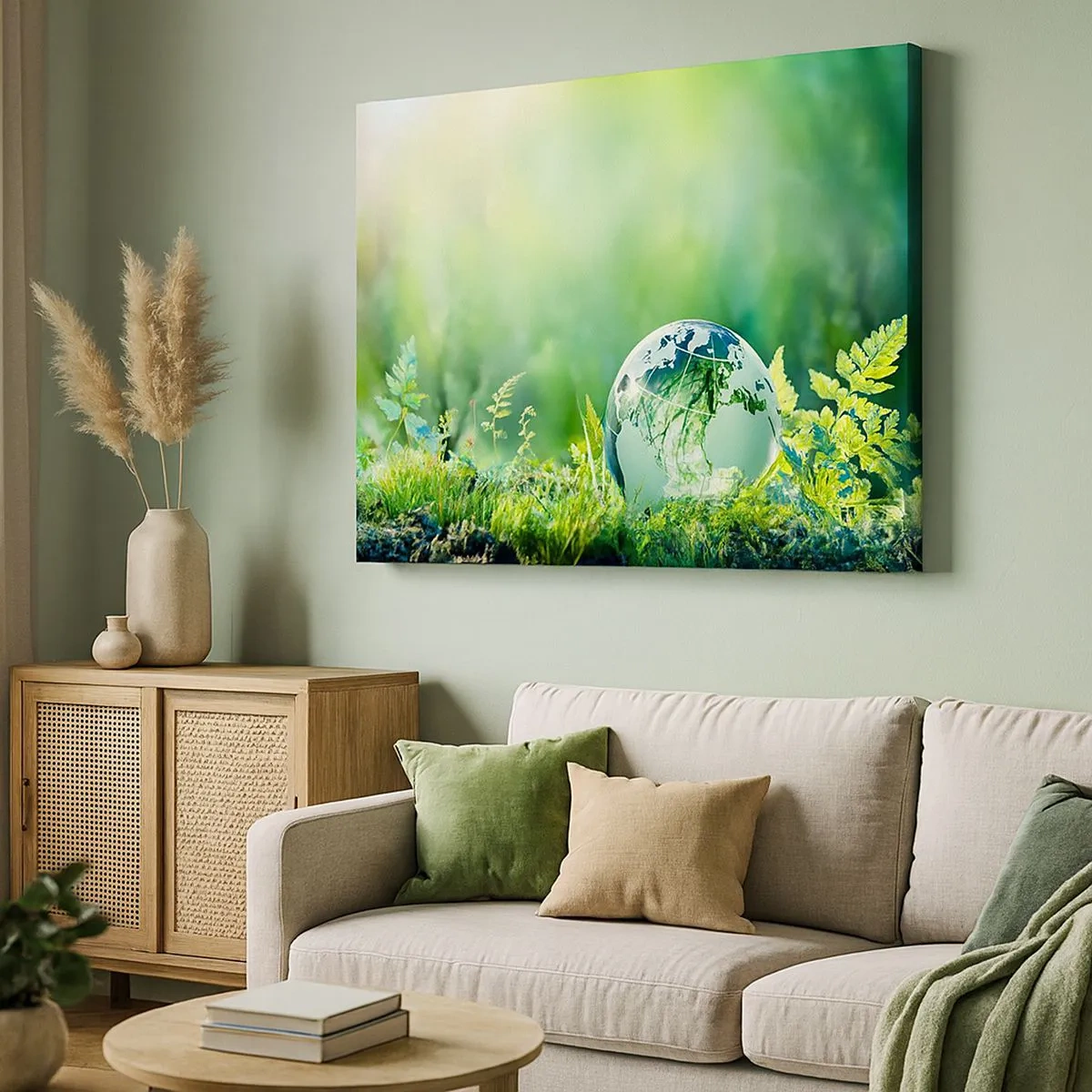 Schilderen op canvas - Een kristallen bol tussen het groen van de natuur - 70x50cm - De groene planeet - Moderne wanddecoratie voor woonkamer en slaapkamer ARTTOR
