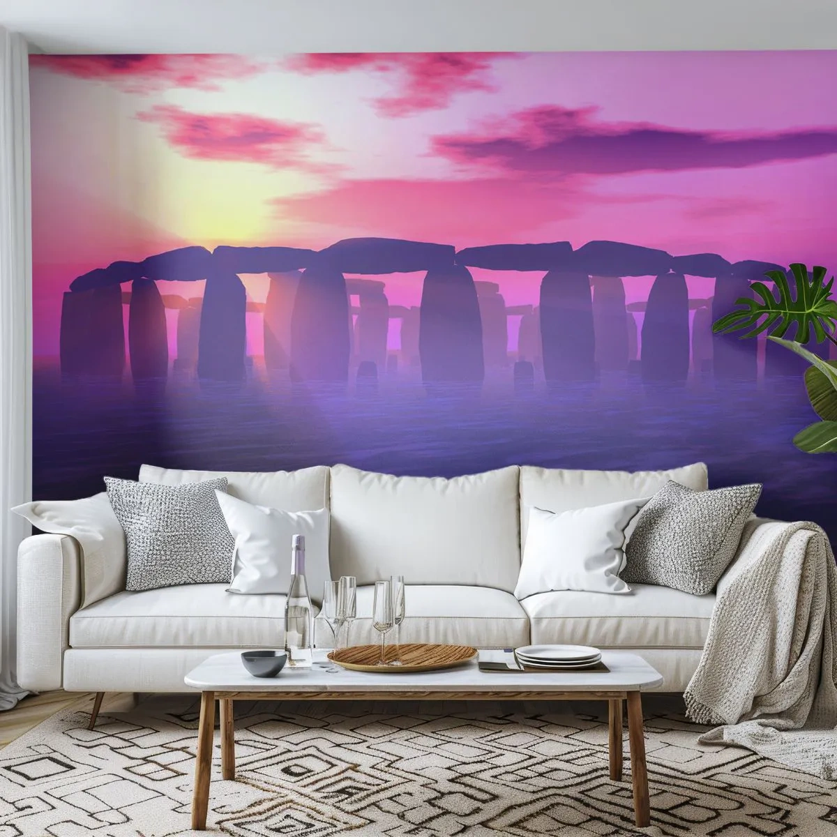 Fotobehang Premium Sand - Mysterie bij zonsopgang in de mist - Architectuur, Steenhenge, Steencirkels - 100x70 cm