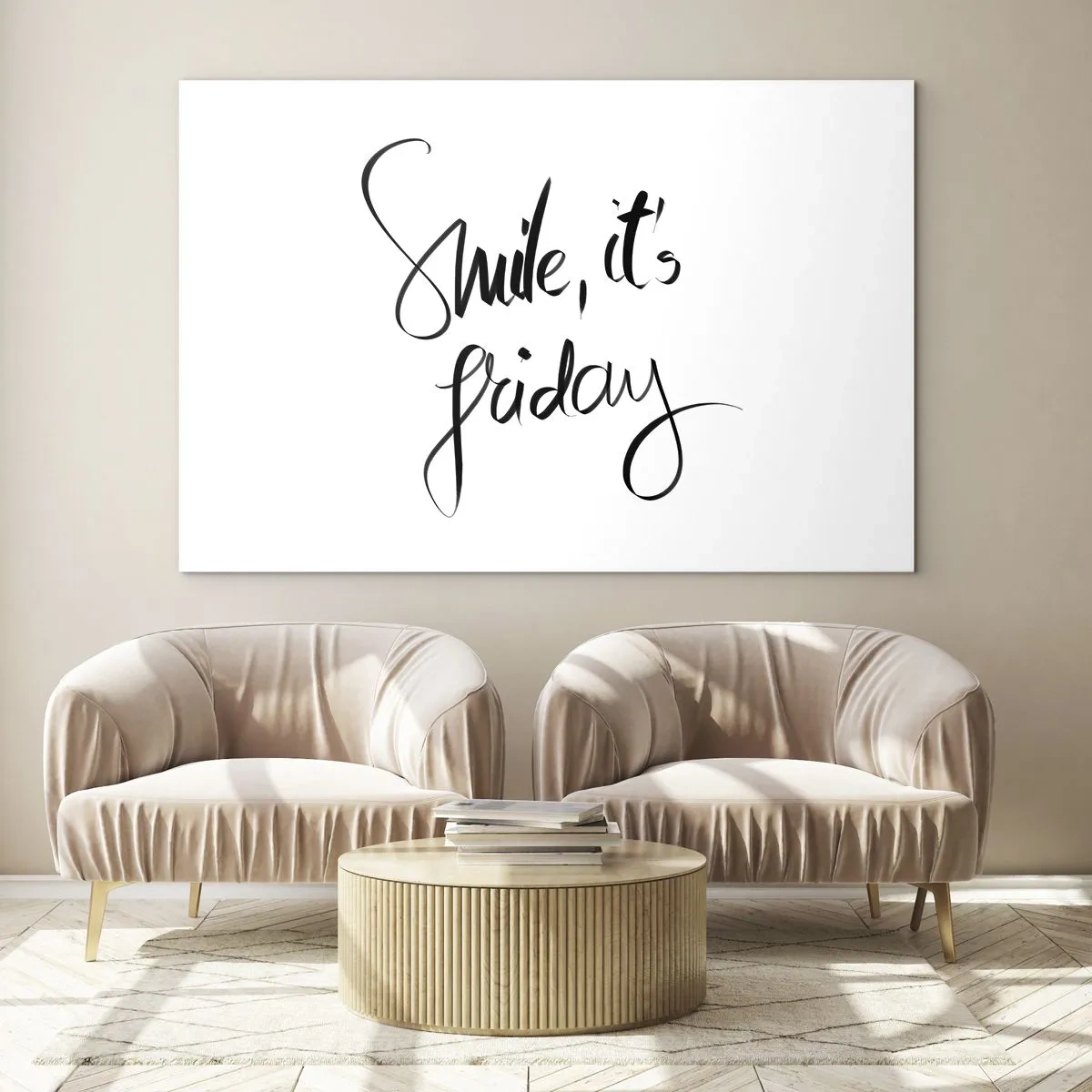 Schilderen op glas - Smile it's Friday citaat in kalligrafie - 70x50cm - Echte vreugde - Moderne wanddecoratie voor woonkamer en slaapkamer ARTTOR