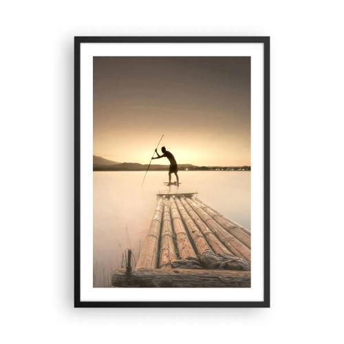 Poster in een zwarte lijst - Een figuur op een bamboevlot bij zonsondergang - 50x70cm - Voor het slapen gaan - Moderne wanddecoratie voor woonkamer en slaapkamer ARTTOR
